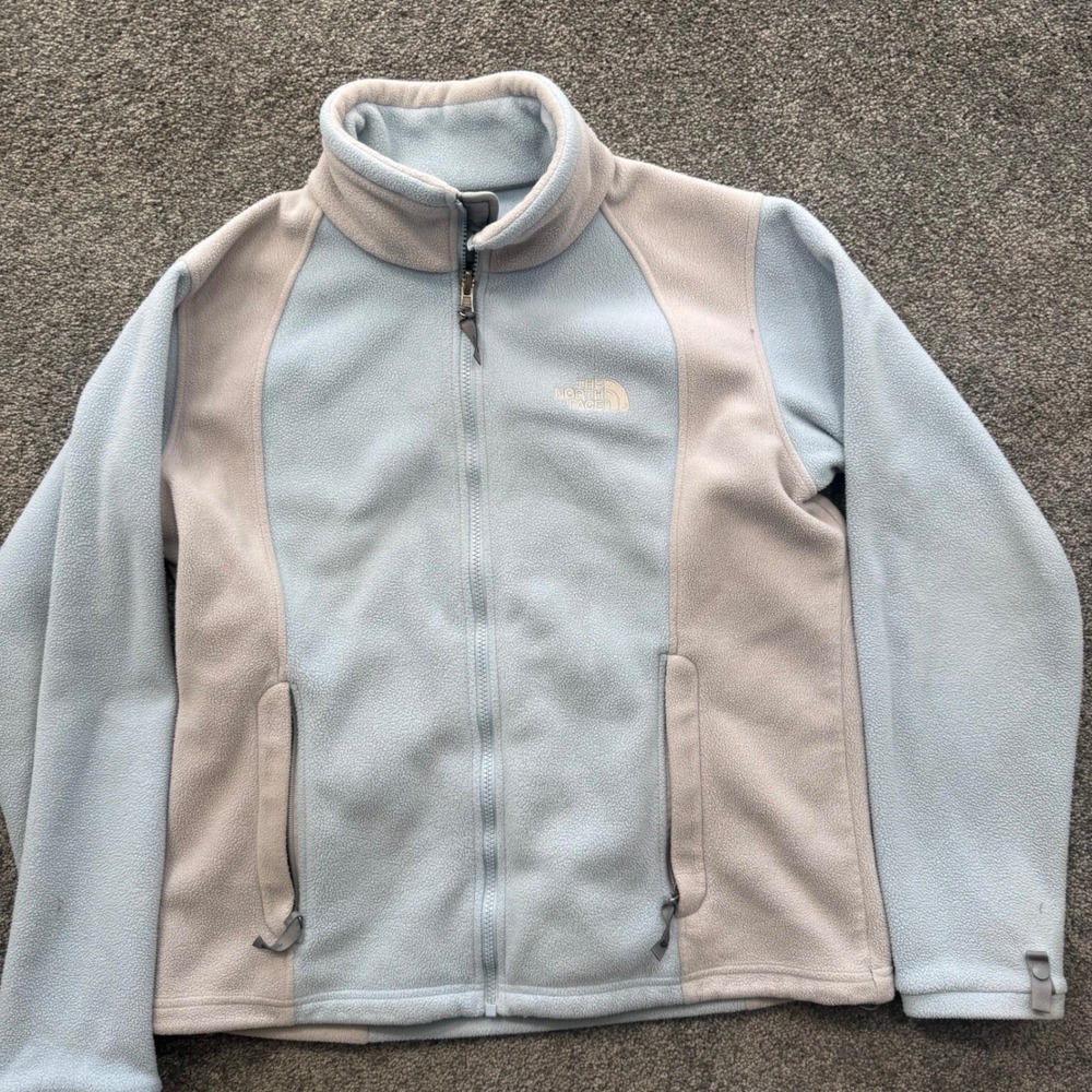 The North Face Womens Full Zip Fleece Jacket Light Blue Grey Colorblock Large